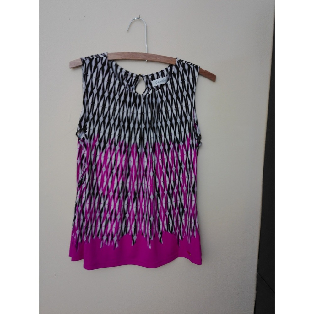 Calvin Klein sm Womens Sleeveless Blouse Pink‎ Black Geometric Print Keyhole Top